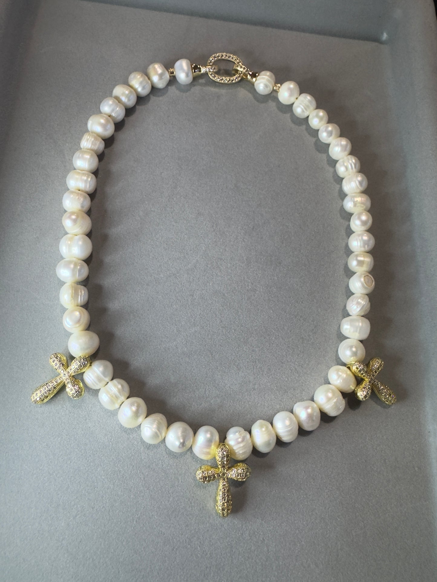 Luminous Grace: Pearl & CZ Cross-Flower Pendant Necklace