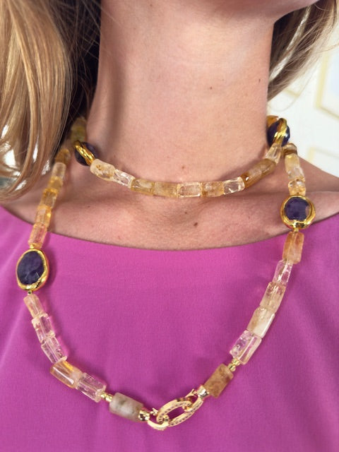 Vintage Sunset: Citrine, Amethyst & 70s Chic Necklace