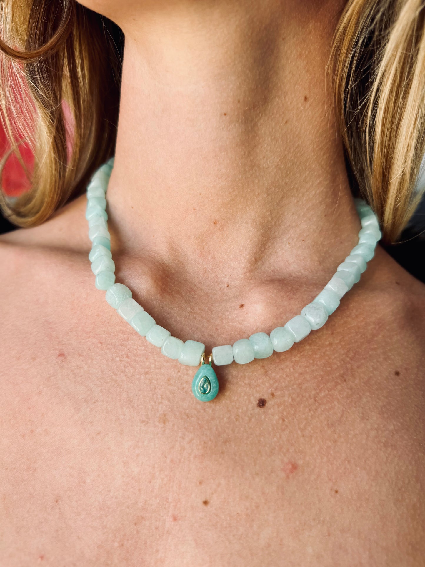 Serene Geometry: Chalcedony Cubes with Flowing Turquoise Pendant