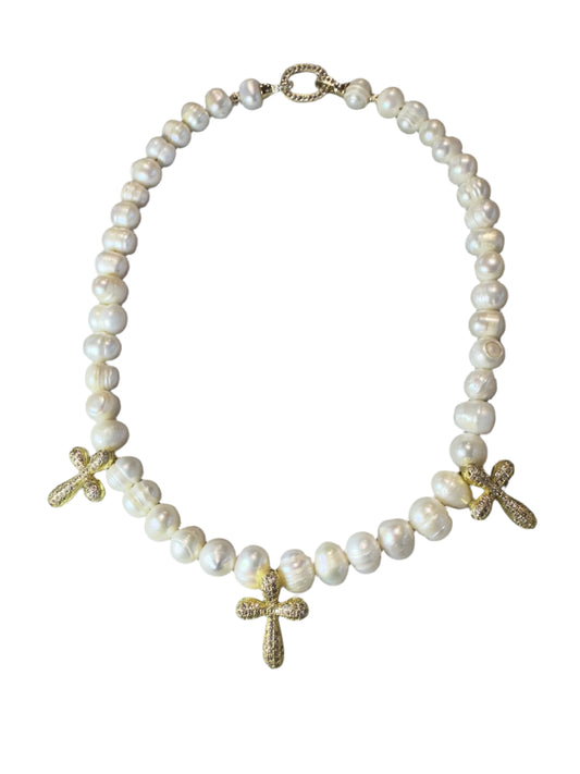 Luminous Grace: Pearl & CZ Cross-Flower Pendant Necklace