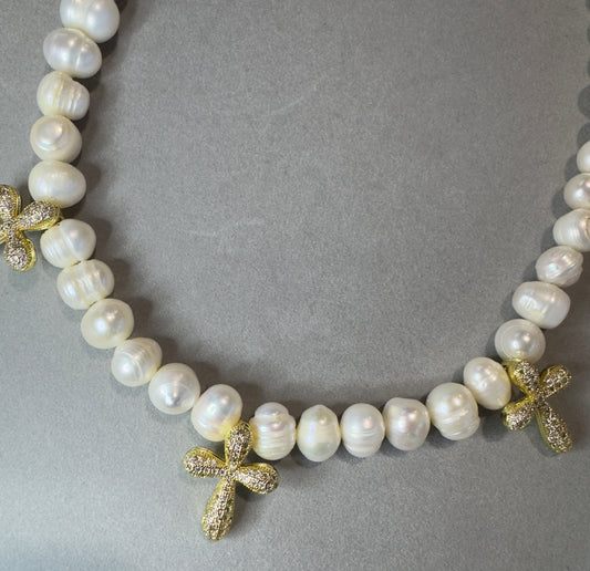 Luminous Grace: Pearl & CZ Cross-Flower Pendant Necklace