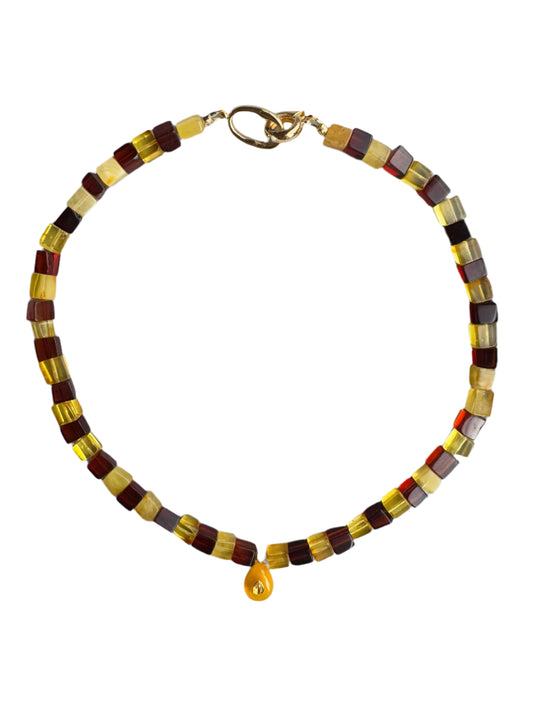 Golden Twilight: Two-Tone Amber Square & Drop Pendant Necklace