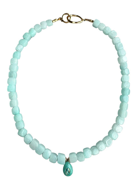 Serene Geometry: Chalcedony Cubes with Flowing Turquoise Pendant