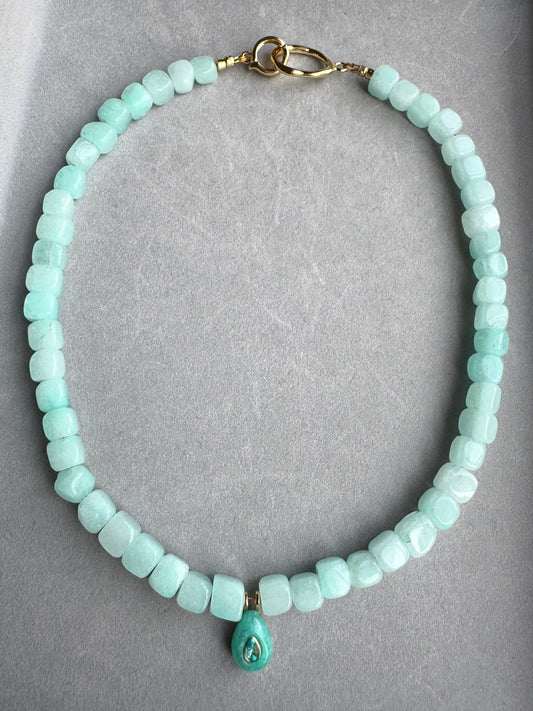 Serene Geometry: Chalcedony Cubes with Flowing Turquoise Pendant