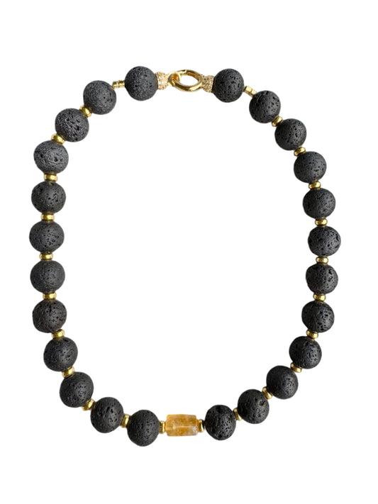 Volcanic Burst: Black Lava & Citrine Statement Necklace