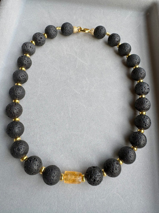 Volcanic Burst: Black Lava & Citrine Statement Necklace